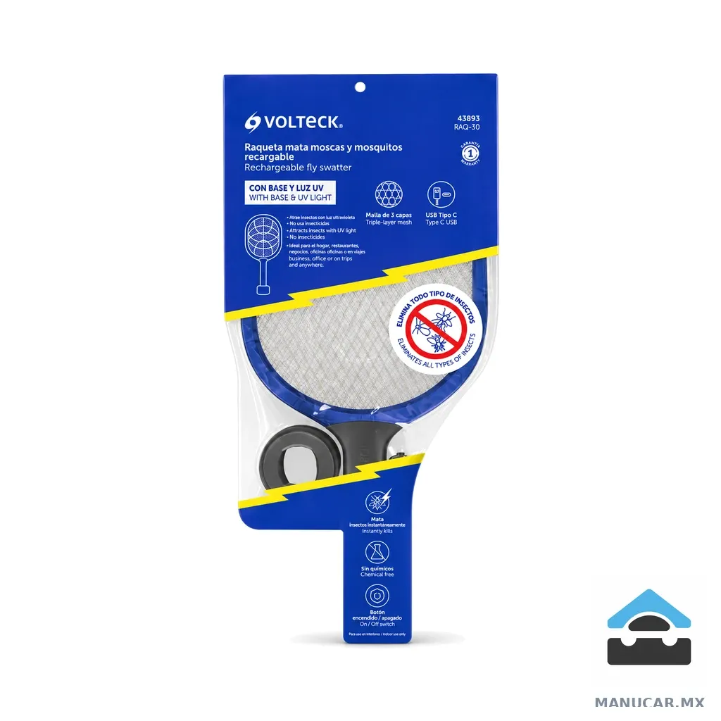 Raqueta Mata Moscas y Mosquitos con Base, Recargable Volteck, Pieza