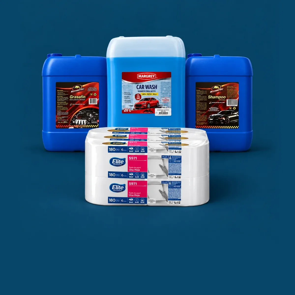 Garrafas de 20 litros de shampoo para auto y desengrasante, toalla en rollo y microfibras, productos para autolavado