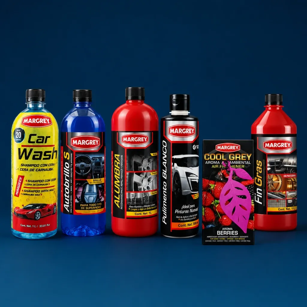 Productos Margrey: Car Wash, Autobrillo-S, Alumbra, Pulimento Blanco, aromatizante Cool Grey y Fin Gras