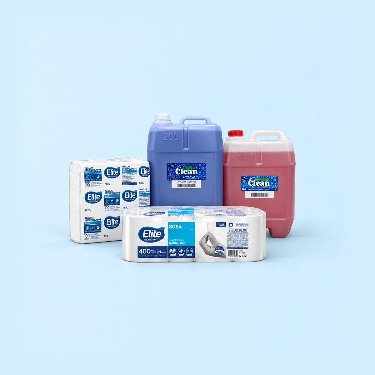 Garrafas de 20 litros de multiusos y jabón de manos, toallas interdobladas y papel higiénico jumbo para oficina