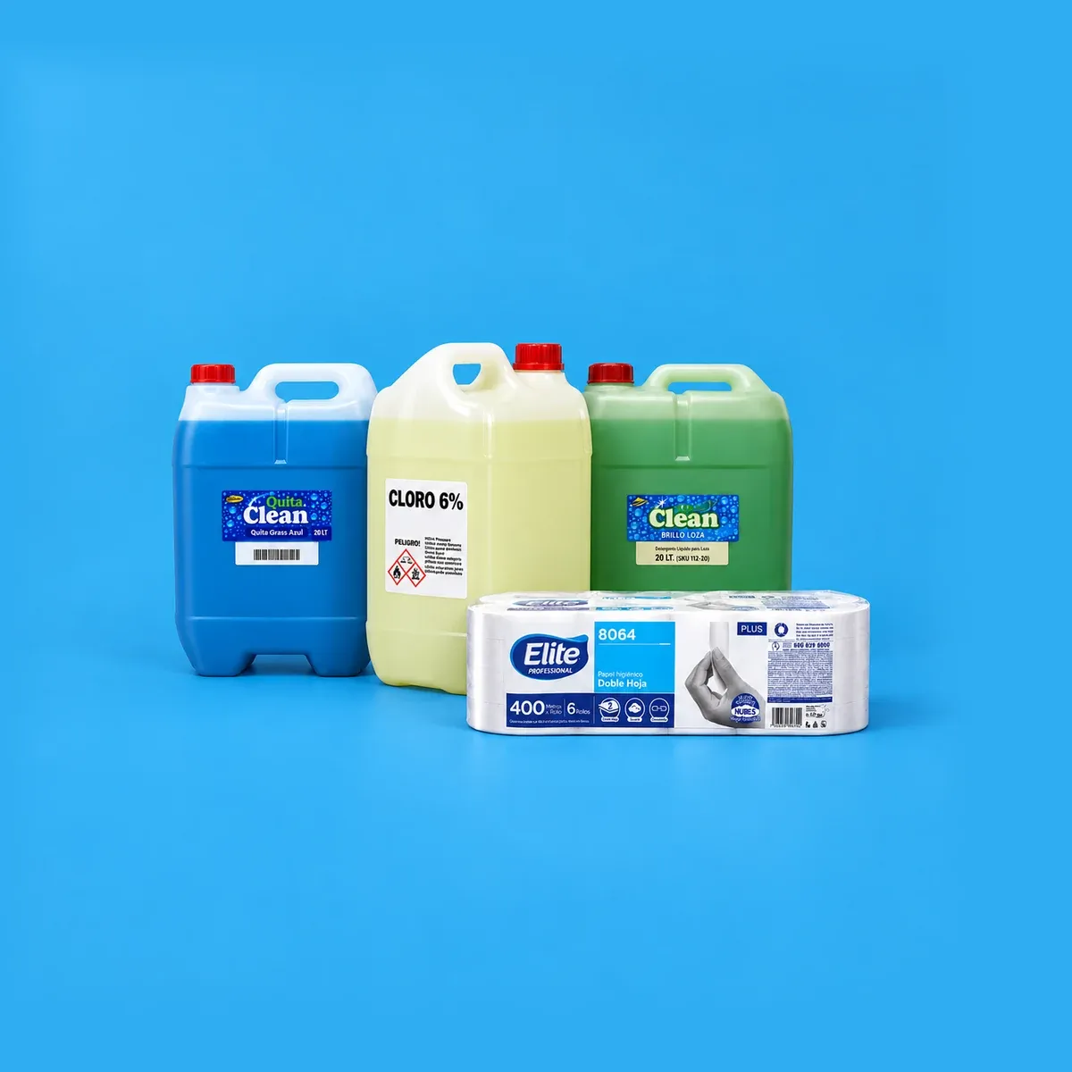 Tres garrafas de 20 litros (cloro, desengrasante y jabón para loza) y papel higiénico jumbo, productos de limpieza para un restaurante